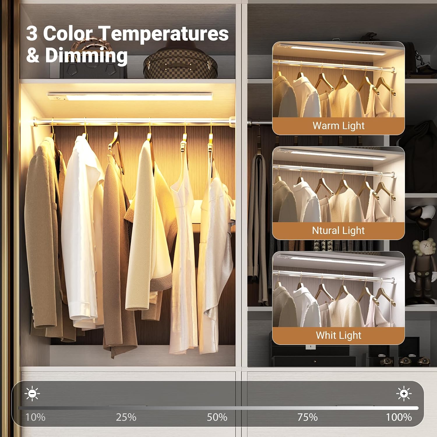 Besiost 4FT Closet Systems with 3CCT Sensor Light, 48 Inch Closet Organizer System with 5 Wood Drawers, 2 Hanging Rods & 7 Shelves, Heavy Duty 48" Walk-in Closet , White (48"L x 15" W x 80" H)