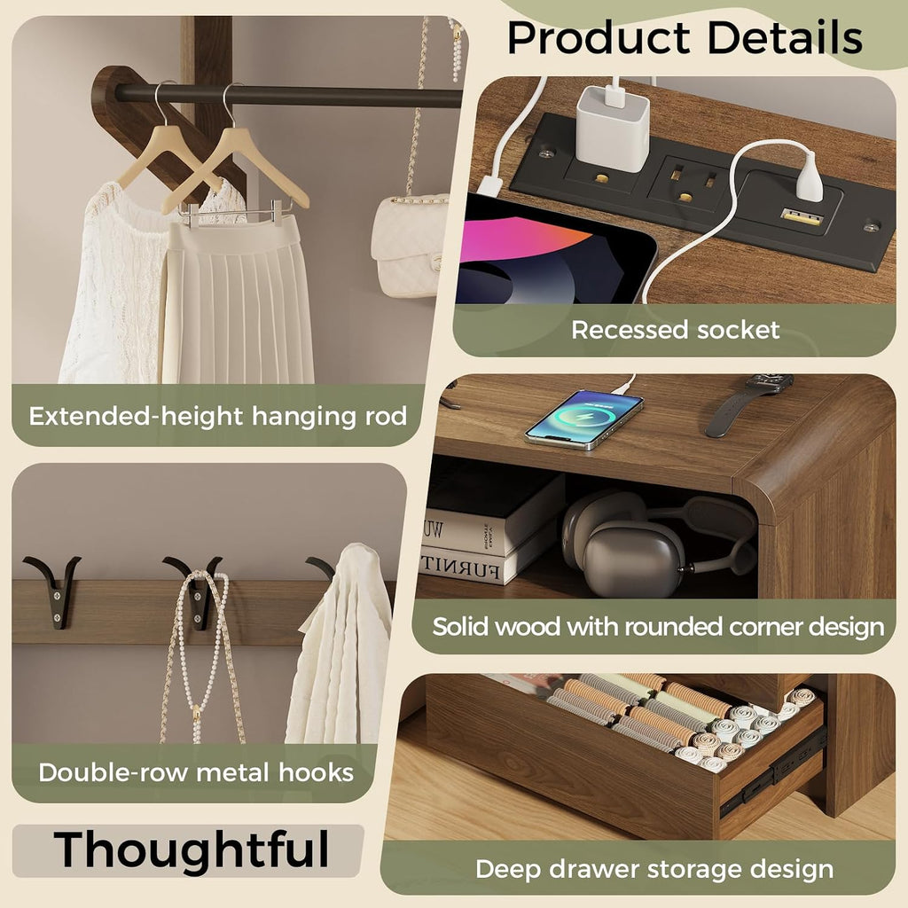 Messenya Mid Century Modern Bedroom Nightstand with Clothes Rack and Hooks | Bedside Table with Hanging Rod, 6 Storage Hooks, Charging Station, Dual Drawers, Rounded Corner, Open Shelf, Walnut Finish