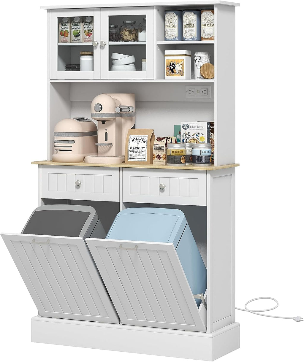 68" Kitchen Pantry, Freestanding Storage Cabinet with Charging Station, Microwave Stand, Glass Doors and Adjustable Shelf, White, Easy to Maintain, for Dining Room