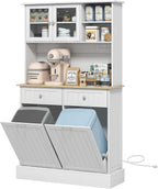 68" Kitchen Pantry, Freestanding Storage Cabinet with Charging Station, Microwave Stand, Glass Doors and Adjustable Shelf, White, Easy to Maintain, for Dining Room