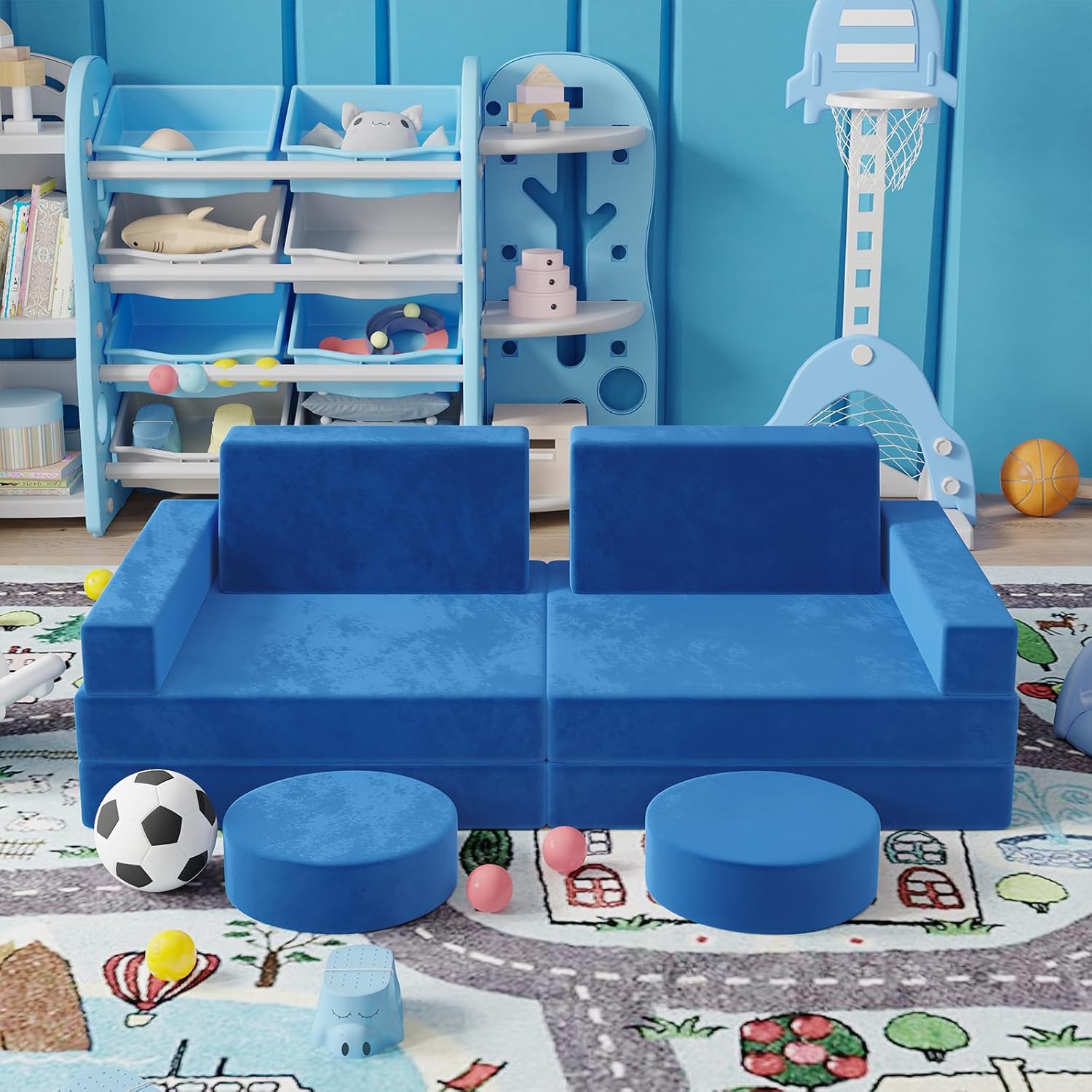 Modular Kids Play Couch, Kids Sectional Couch Sofa, Bedroom and Playroom Convertible Foam for Toddlers, Floor Cushion for Imaginative Boys and Girls (Dark Blue-Suede)