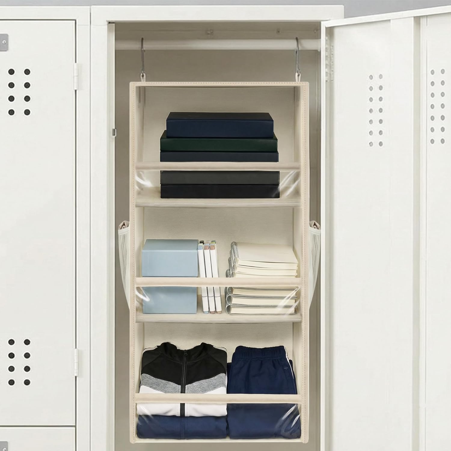 STORAGE MANIAC 6-Shelf Hanging Closet Organizer and Storage, 2 Separable 3-Shelf Haning Organizers for Closet, Collapsible Hanging Shelves Wardrobe Organization, College Dorm Room, Nursery, Beige