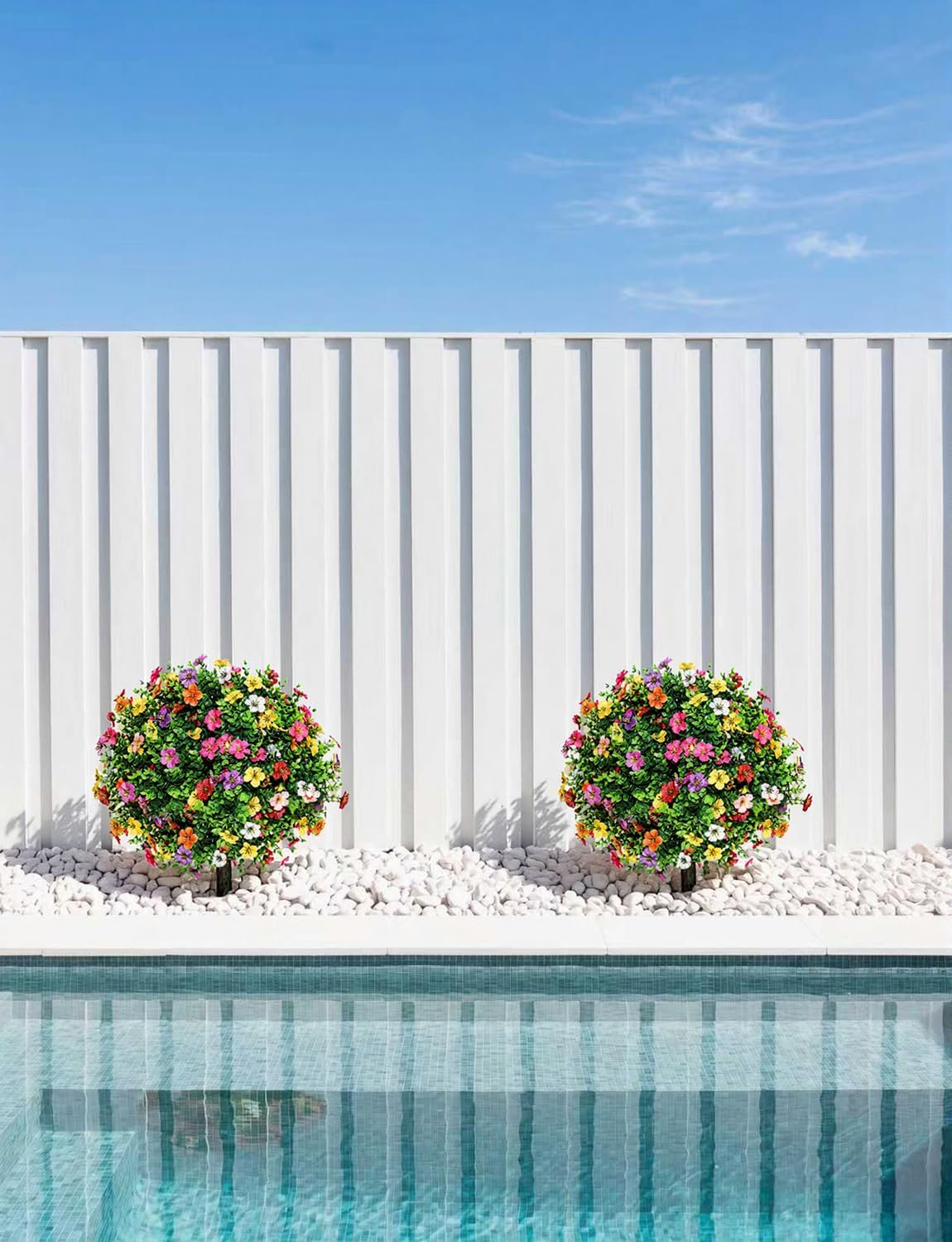 27.5" Artificial Boxwood Topiary Ball Trees with Colorful Flowers with Round Spike, Set of 2 UV Resistant Fake Bushes Outdoor Shrubs for Front Porch Planters, Weatherproof Faux Greenery Plants Decor