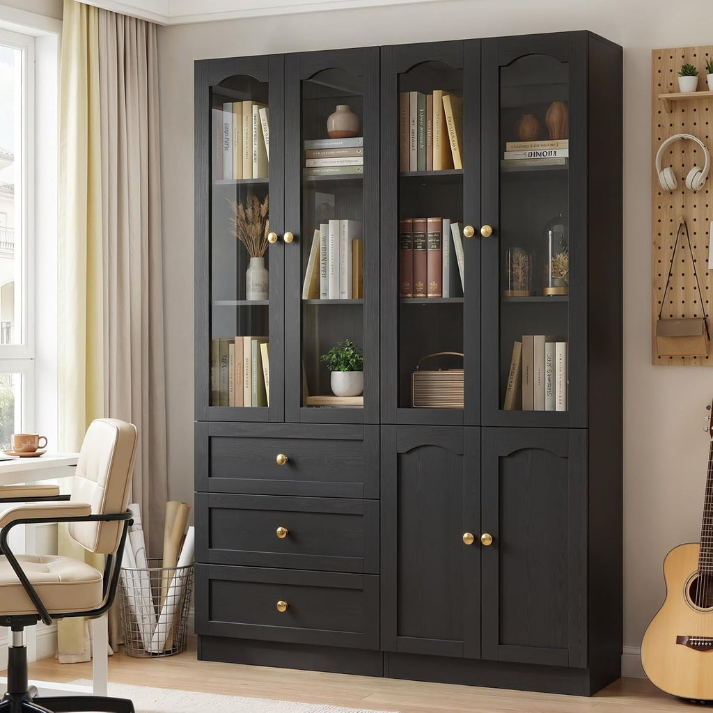 Cyclysio 80" Tall Pantry Cabinet Set of 3, Black Kitchen Storage Cabinet with Arched Glass Doors, 3 Drawers & Cupboard, Flush-to-Wall Coffee Bar Hutch with Baseboard Cutout for Dining Room
