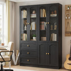 Cyclysio 80" Tall Pantry Cabinet Set of 3, Black Kitchen Storage Cabinet with Arched Glass Doors, 3 Drawers & Cupboard, Flush-to-Wall Coffee Bar Hutch with Baseboard Cutout for Dining Room