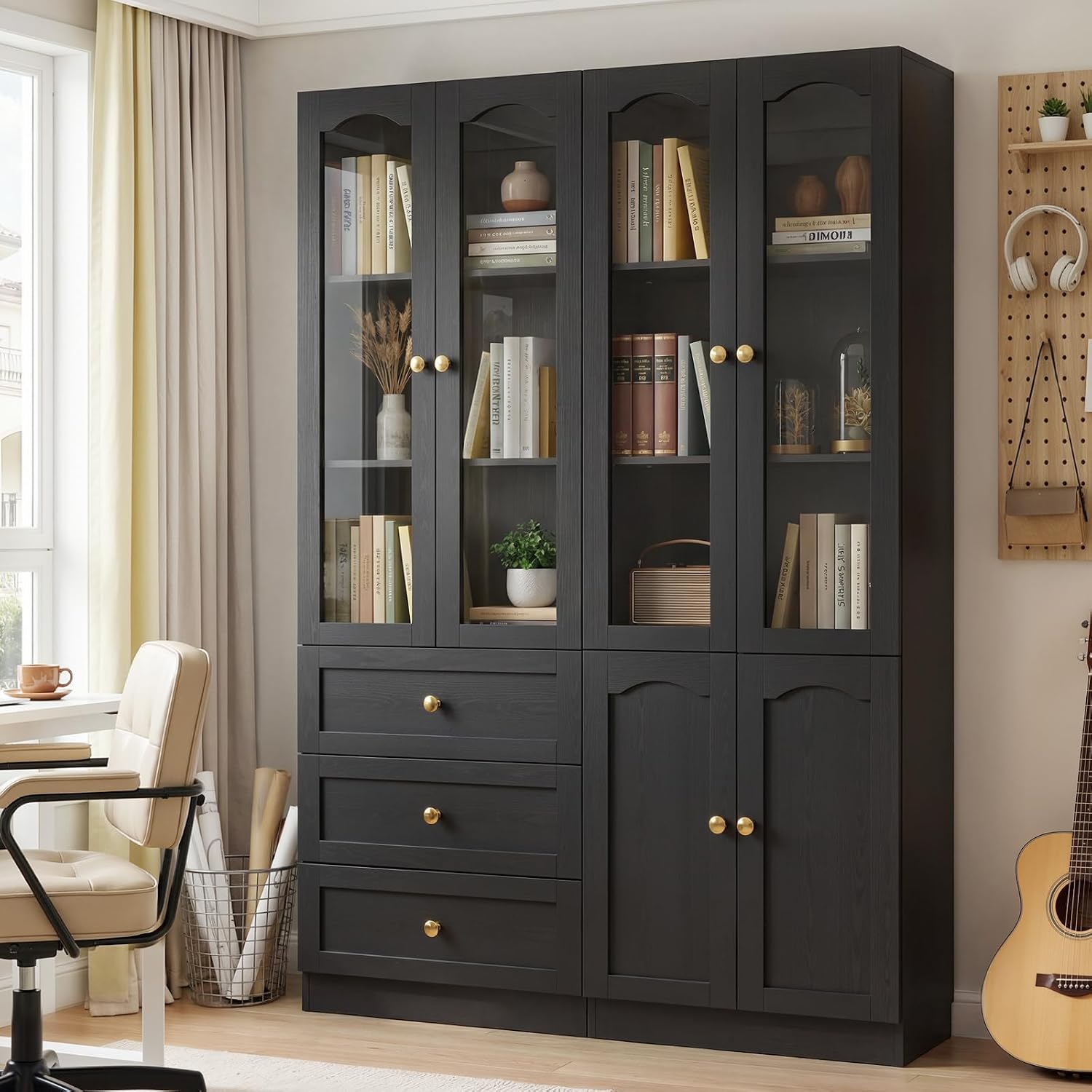 Cyclysio 80" Tall Pantry Cabinet Set of 3, Black Kitchen Storage Cabinet with Arched Glass Doors, 3 Drawers & Cupboard, Flush-to-Wall Coffee Bar Hutch with Baseboard Cutout for Dining Room