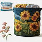 Quilted Laundry Basket with Handles, Collapsible Boho Floral Storage Bin, Large Soft Quilted Basket, Portable Organizer for Clothes, Toys, Blankets, Nursery, Bedroom, Laundry Room (Sunflower, L)