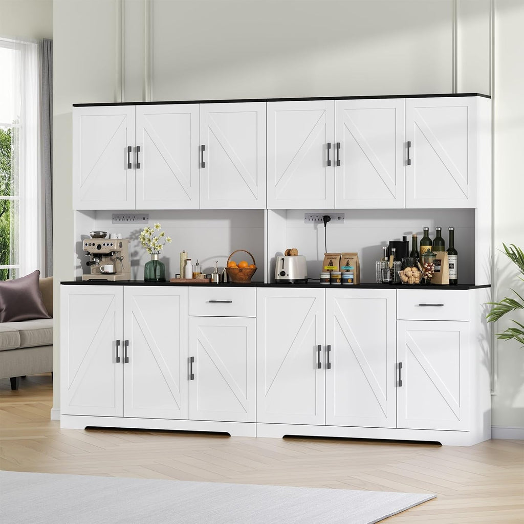 Gyfimoie 71’’ Farmhouse Kitchen Pantry Cabinet, Tall Storage Cabinet with Power Outlet, Freestanding Hutch with Drawer, 4 Adjustable Shelf & 6 Doors for Kitchen Living Room (White)
