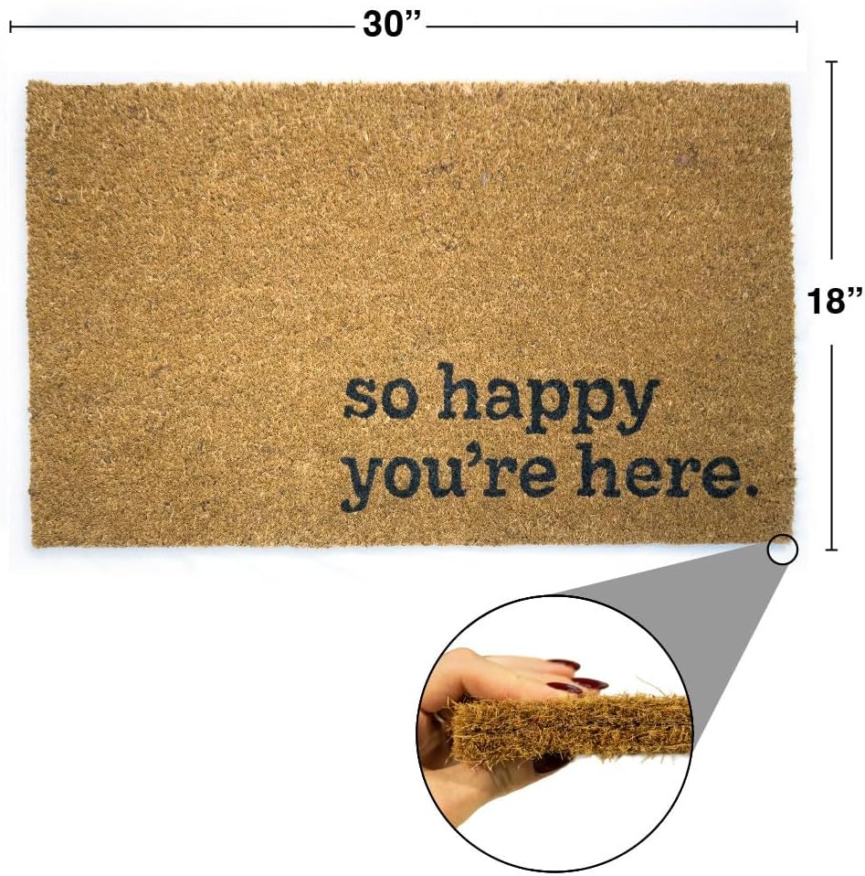 Great American Coco Coir Doormat with Heavy Duty Backing - Large 18" x 30" Non-Slip Minimalist Front Door Welcome Mat - Outside Entrance, Front Porch, Indoor Entry, Brown (Happy You're here)