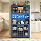 Navy Blue Kitchen Pantry Cabinet, Tall Buffet with Wine Storage, Coffee Bar & Mesh Doors