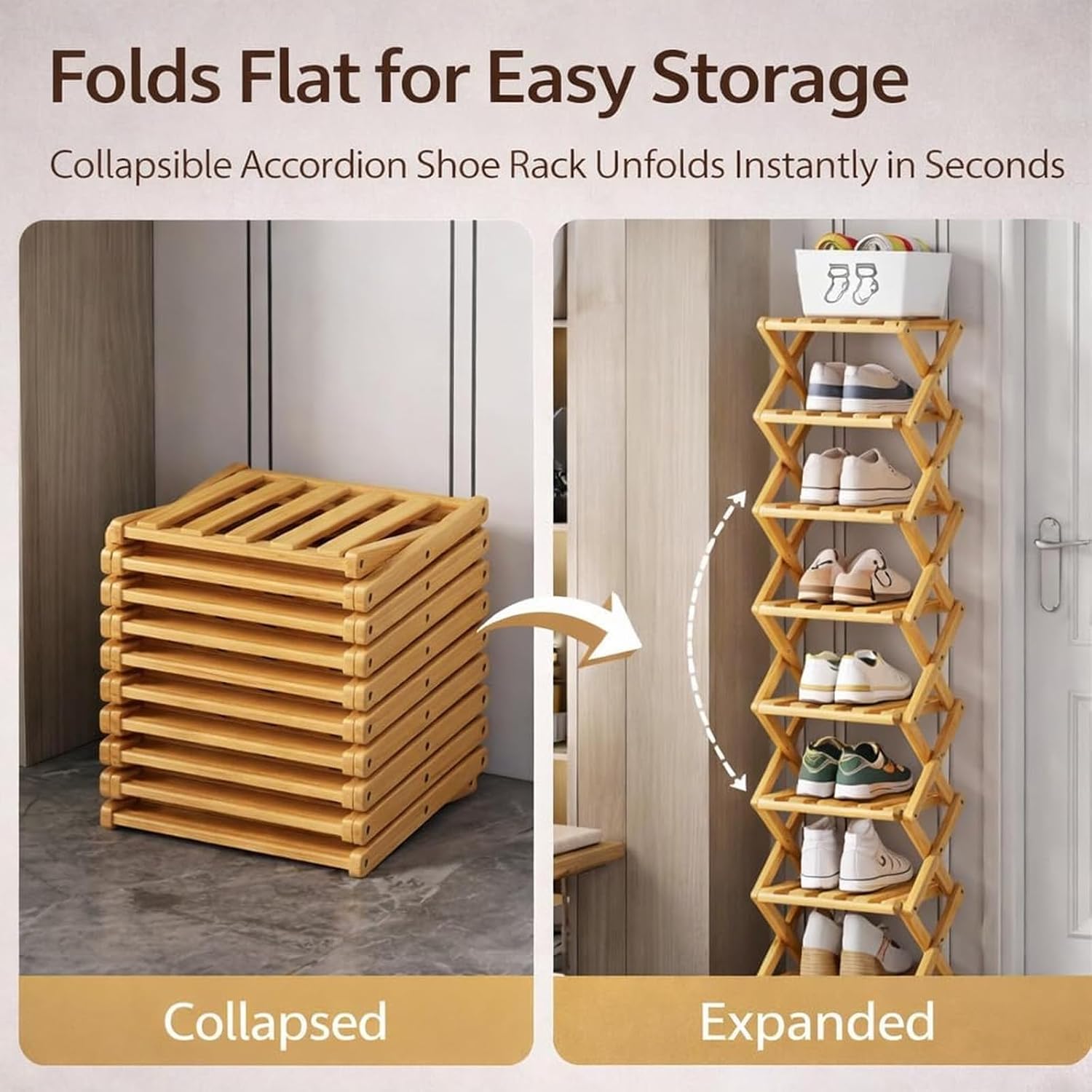 DDRIC The 9-Tier No-Assembly Bamboo Rack, Foldable 9 Tier Bamboo Shoe Rack with Collapsible Vertical Design, Space-Saving Shoe Storage Shelf for Entryway Closet Dorm, No-Tool Assembly (Nuture,9)