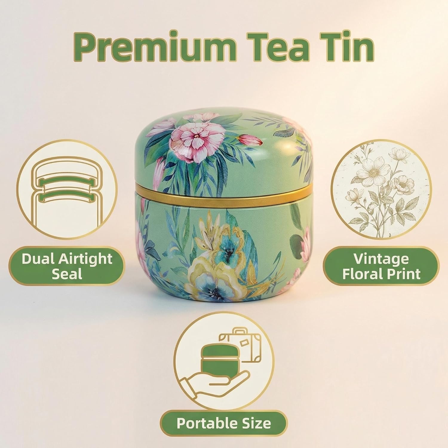 HAN SHENG 6Pcs Airtight Tea Storage Tins, Vintage Food Canister Set | 10 Oz, Floral Embossed Design, Loose Leaf Tea, Herbs, Coffee Spices Sugar, Kitchen Storage, Freshness Seal, Double Lids