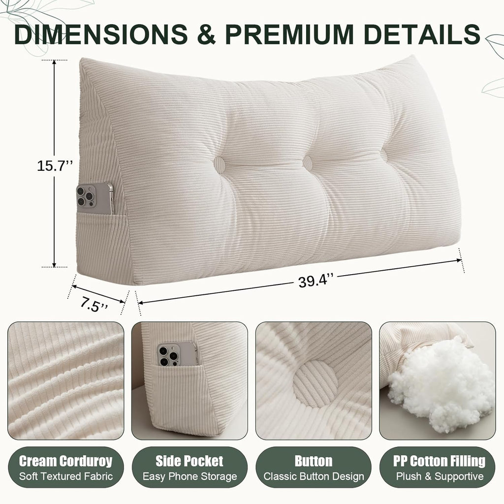Gnostik Headboard Pillow Twin/Twin XL, Beige Triangle Wedge Pillow Headboard for Dorm, Daybed Backrest Cushion for Reading Sitting Working, 39.4"x15.7"x7.5"