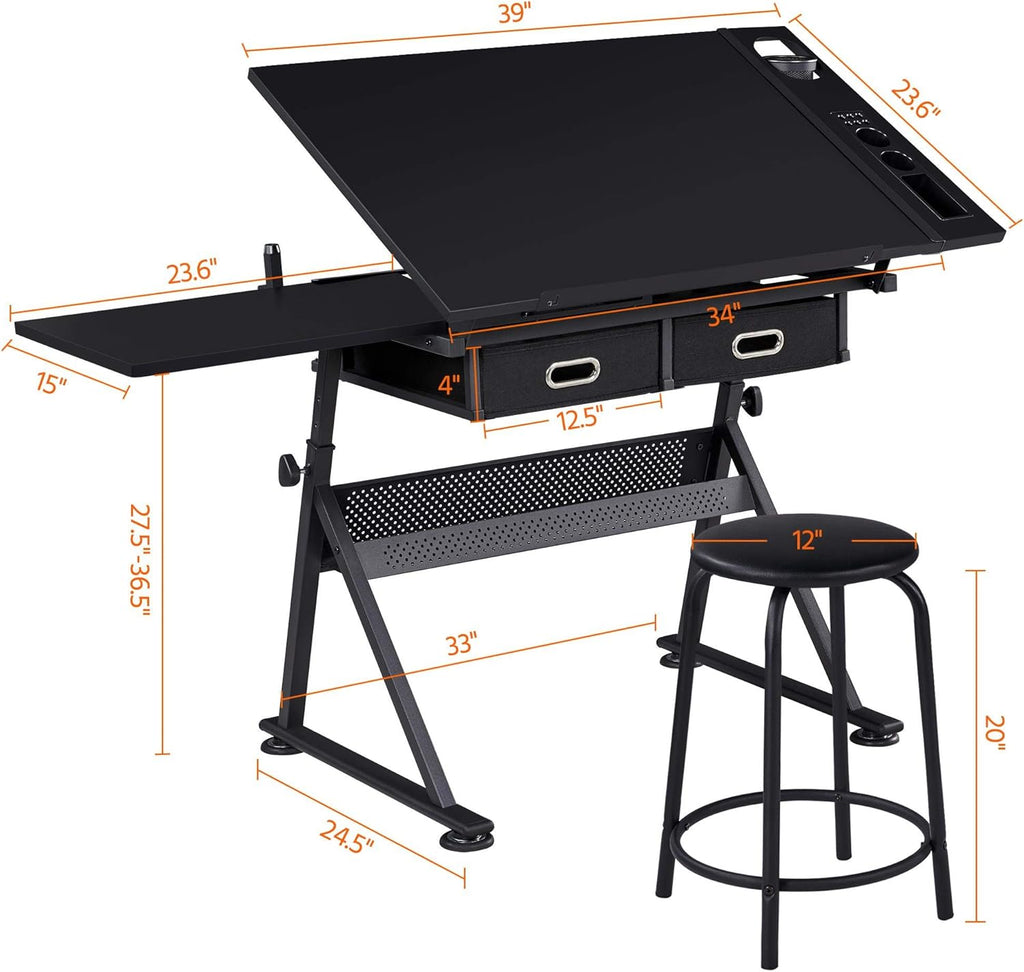 Topeakmart Drafting Table for Artists, Height Adjustable Drawing Draft Desk, Tiltable Tabletop, Art Craft Work Station with Extra Board for Diamond Painting Sewing Graphic Designere