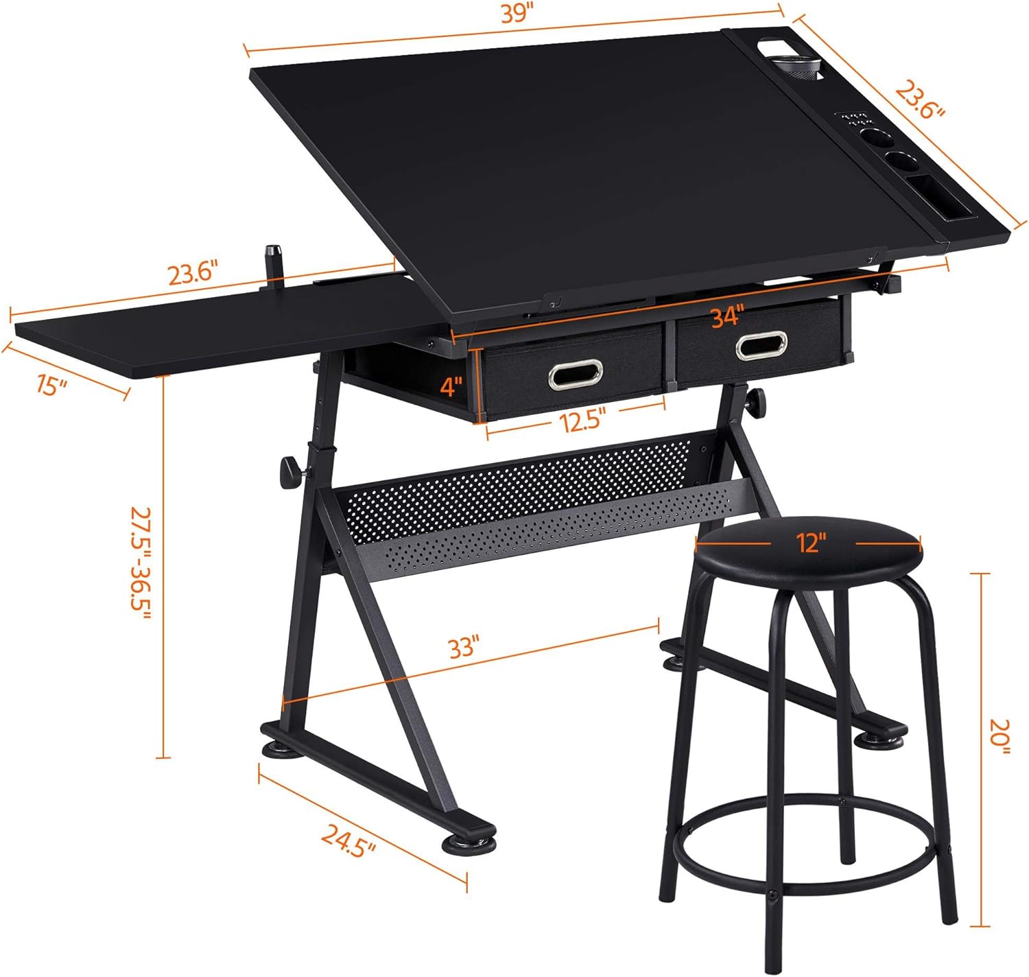 Topeakmart Drafting Table for Artists, Height Adjustable Drawing Draft Desk, Tiltable Tabletop, Art Craft Work Station with Extra Board for Diamond Painting Sewing Graphic Designere