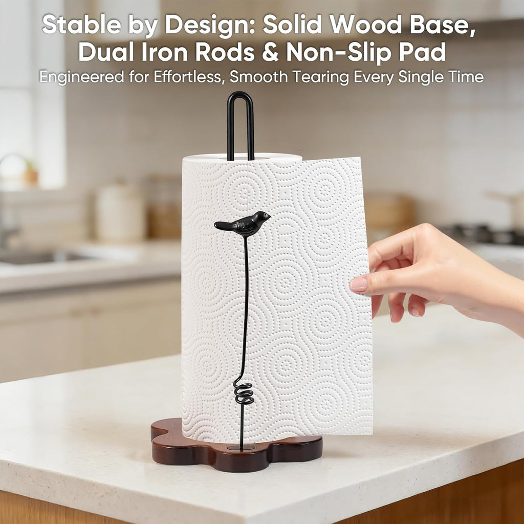 Wood Paper Towel Holder Countertop,Flower Shaped Wood Base with Decorative Spring-Loaded Iron Bird Accent,Dual Iron Rods,Non-Slip Pads,Stable for Kitchen,Dining Room&Home Decor