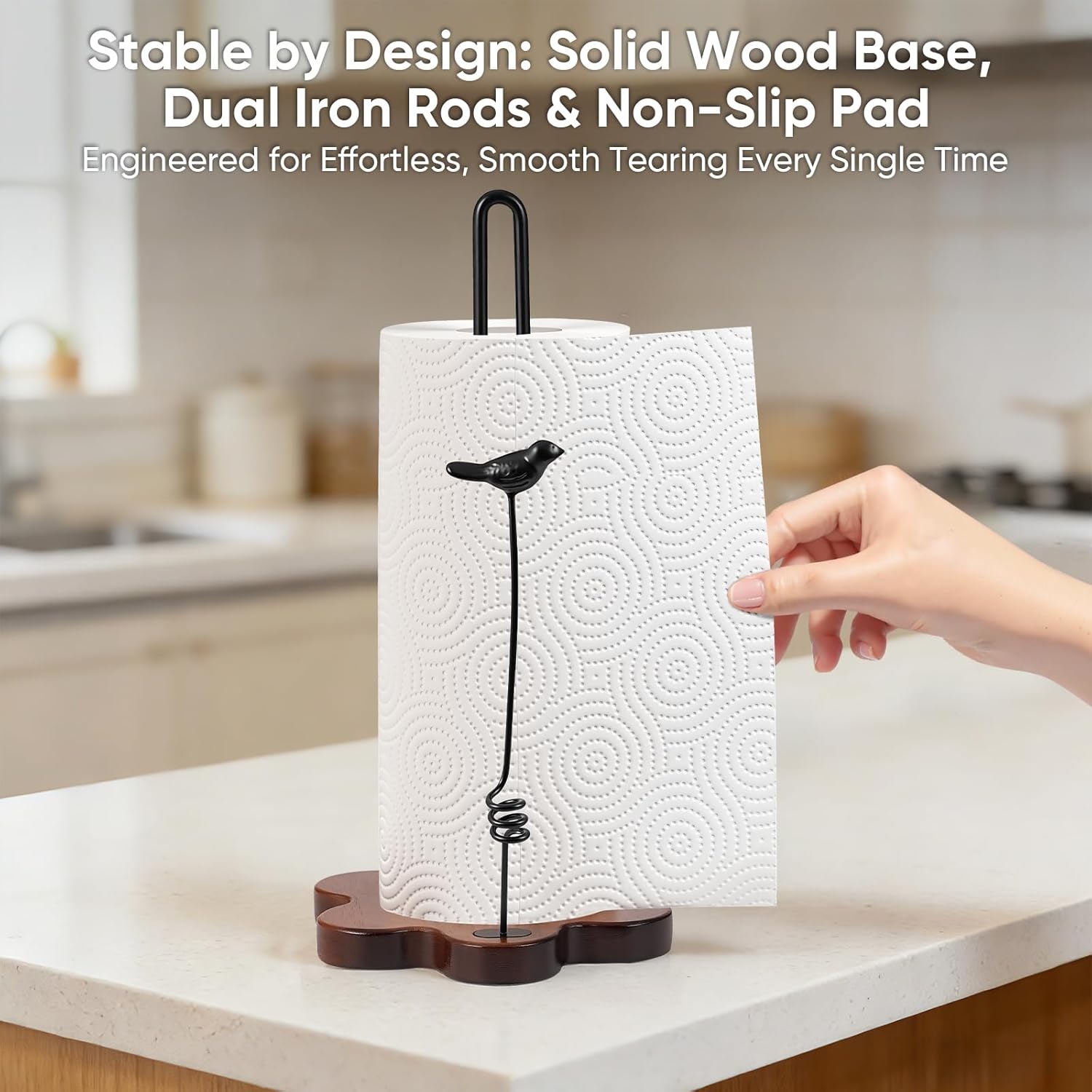 Wood Paper Towel Holder Countertop,Flower Shaped Wood Base with Decorative Spring-Loaded Iron Bird Accent,Dual Iron Rods,Non-Slip Pads,Stable for Kitchen,Dining Room&Home Decor