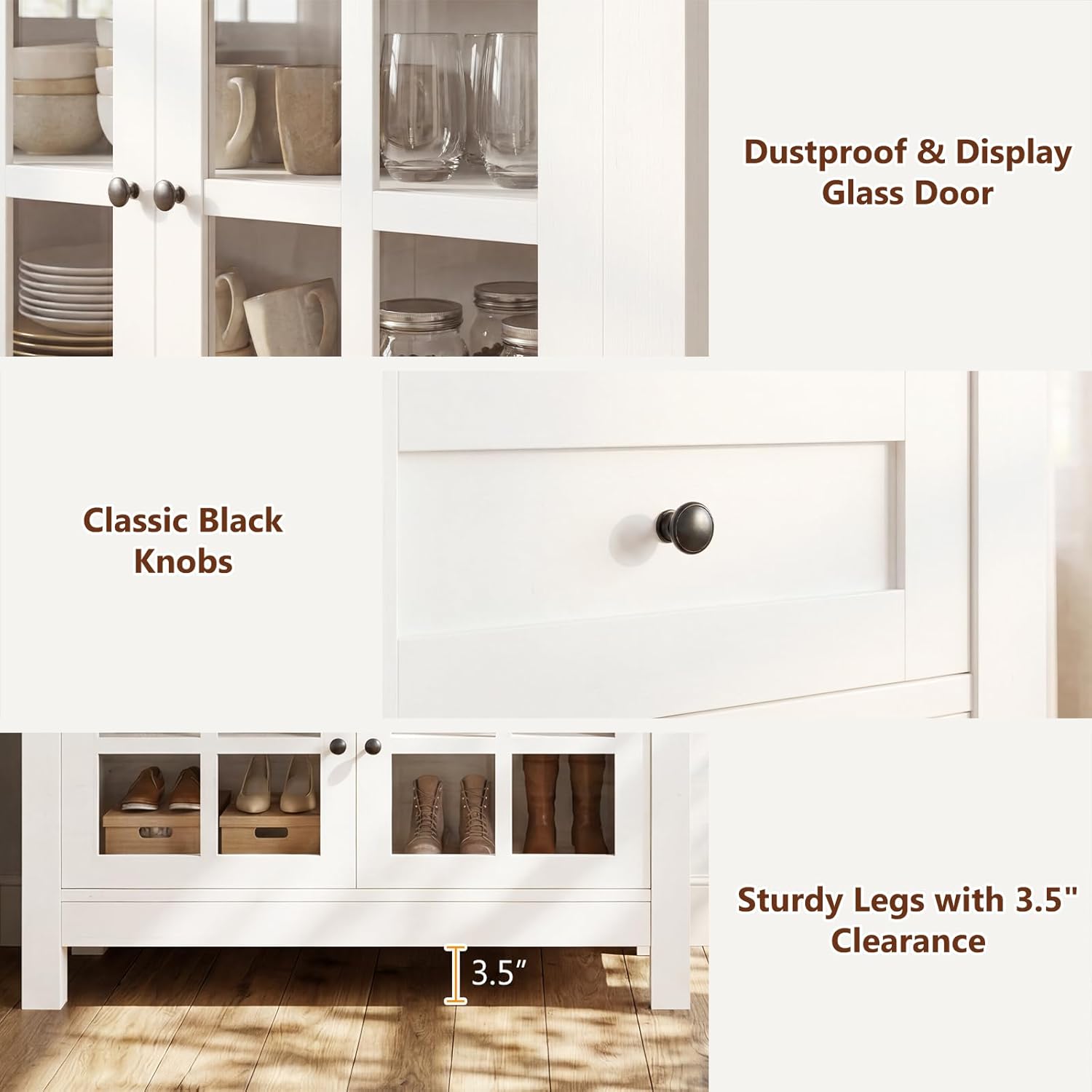 36” Buffet Cabinet Sideboard, Coffee Bar Storage Cabinet with Drawers and Display Glass Doors, Farmhouse Kitchen Credenza with Adjustable Shelves for Kitchen, Living Room, Vintage White