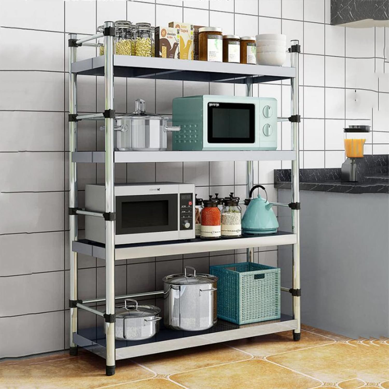 Microwave Shelf with 4 Levels, Metal Frame and Hooks, for Kitchen Storage, 60 cm Height