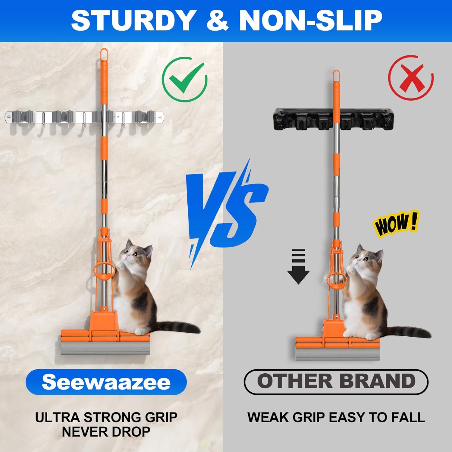 2 Pack Broom Mop Holder Wall Mount, Broom Organizer Mop Hanger Storage Tool Utility Racks Stainless Steel Mop Holder Solid for Home Kitchen Garden Laundry Garage (2, 4 Racks 3 Hooks)