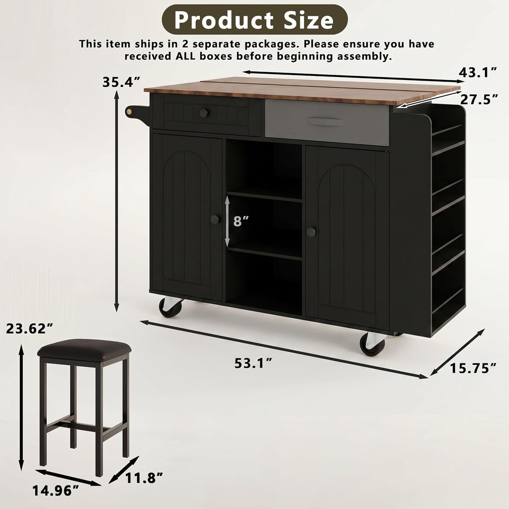 53" Length and 27.5" Width Rolling Kitchen Island with Storage, Portable Kitchen Island with Seating (Set of 2), Drop Leaf and 5 Wheels, Black