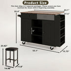 53" Length and 27.5" Width Rolling Kitchen Island with Storage, Portable Kitchen Island with Seating (Set of 2), Drop Leaf and 5 Wheels, Black