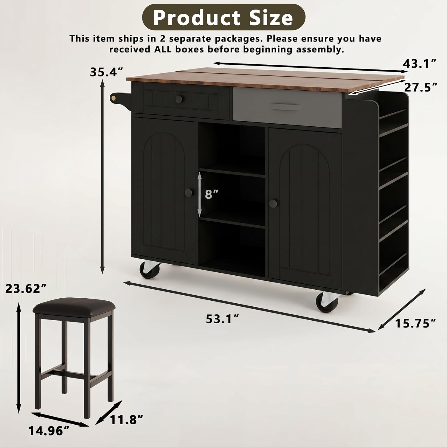 53" Length and 27.5" Width Rolling Kitchen Island with Storage, Portable Kitchen Island with Seating (Set of 2), Drop Leaf and 5 Wheels, Black