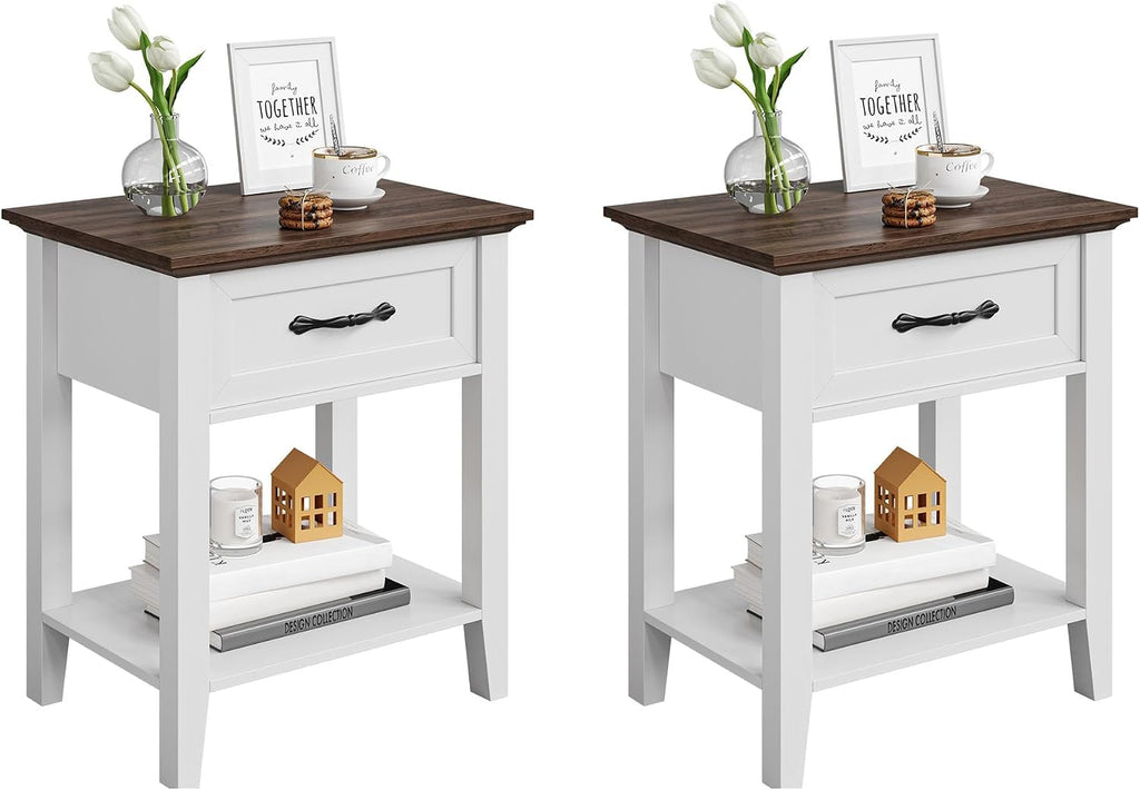 Modern Nightstand Set of 2 with Drawer, 2-Tier End Table with Storage Shelf, Bedside Table for Bedroom, Living Room, Dorm, Small Spaces(2pcs-White)