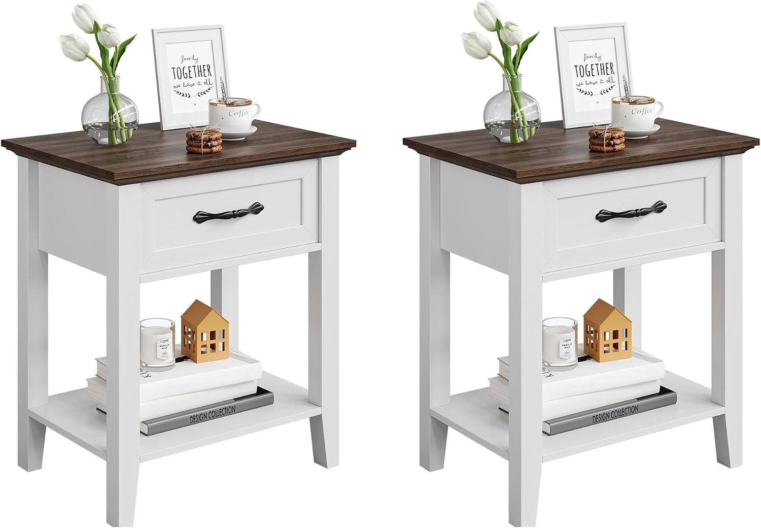 Modern Nightstand Set of 2 with Drawer, 2-Tier End Table with Storage Shelf, Bedside Table for Bedroom, Living Room, Dorm, Small Spaces(2pcs-White)