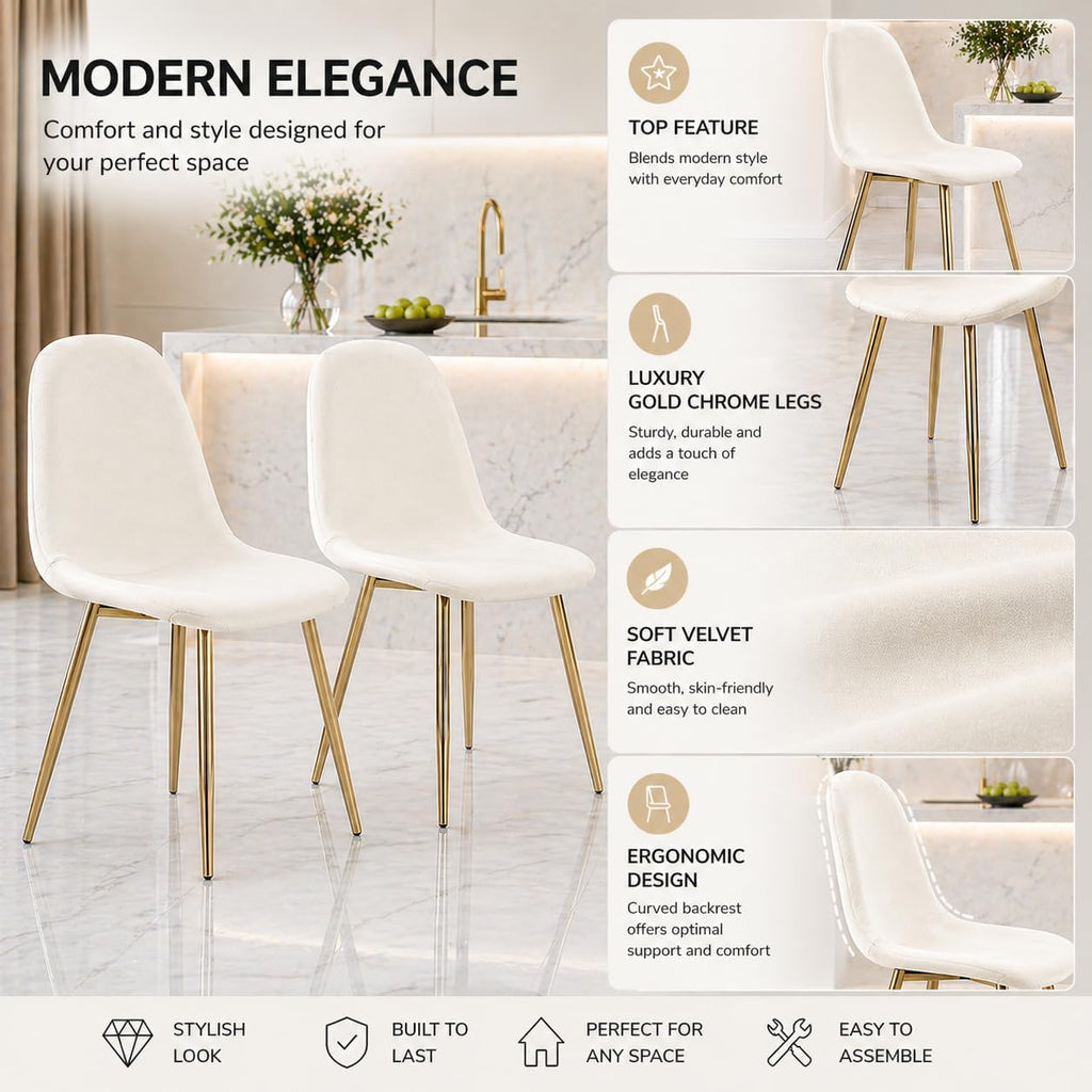 Velvet Dining Chairs with Gold Chrome Legs, Modern Ergonomic Design, Set of 2 (2, Cream White)