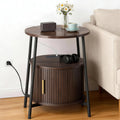 DHH Round End Tables with Charging Station, Fluted Accent Side Table with Sliding Door, Mid-Century Modern Nightstand for Small Space Storage, Living Room, Bedroom,Sofa Couch(1, Dark Walnut)