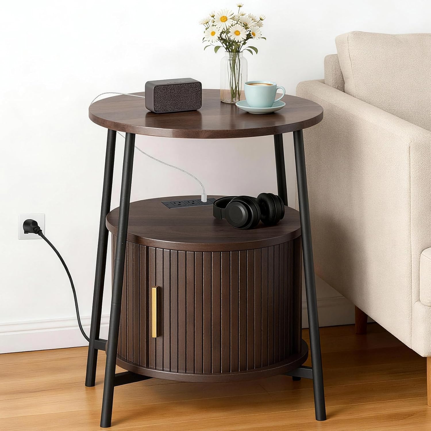 DHH Round End Tables with Charging Station, Fluted Accent Side Table with Sliding Door, Mid-Century Modern Nightstand for Small Space Storage, Living Room, Bedroom,Sofa Couch(1, Dark Walnut)