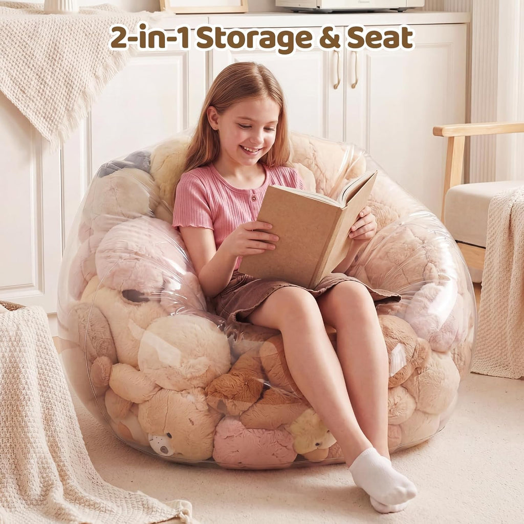 Clear Stuffed Animal Storage Bean Bag Chair, 37.01 x 38.19 Inch, 0.35mm Thick Waterproof PVC Toy Organizer, Plushies & Stuffy Storage, 330 LBS Heavy Duty Seat for Kids & Adults