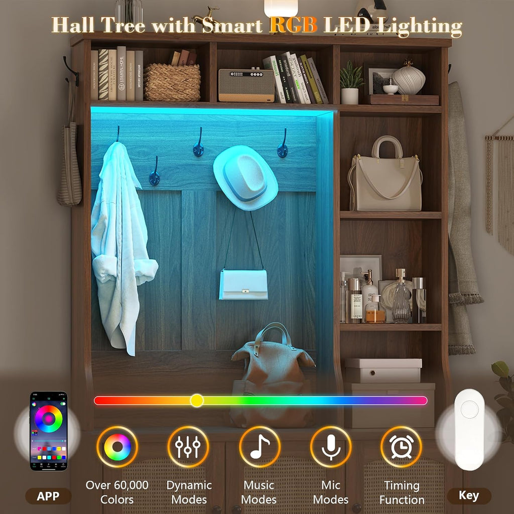 Hall Tree with Bench and Shoe Storage, Rattn Entryway Bench with Coat Rack | 39.4 inch Hall Tree with LED Lights & 6 Storage Cubbies, 7 Coat Hooks, 5-in-1 Shoe Cabinet with Rattan Doors for Small Space