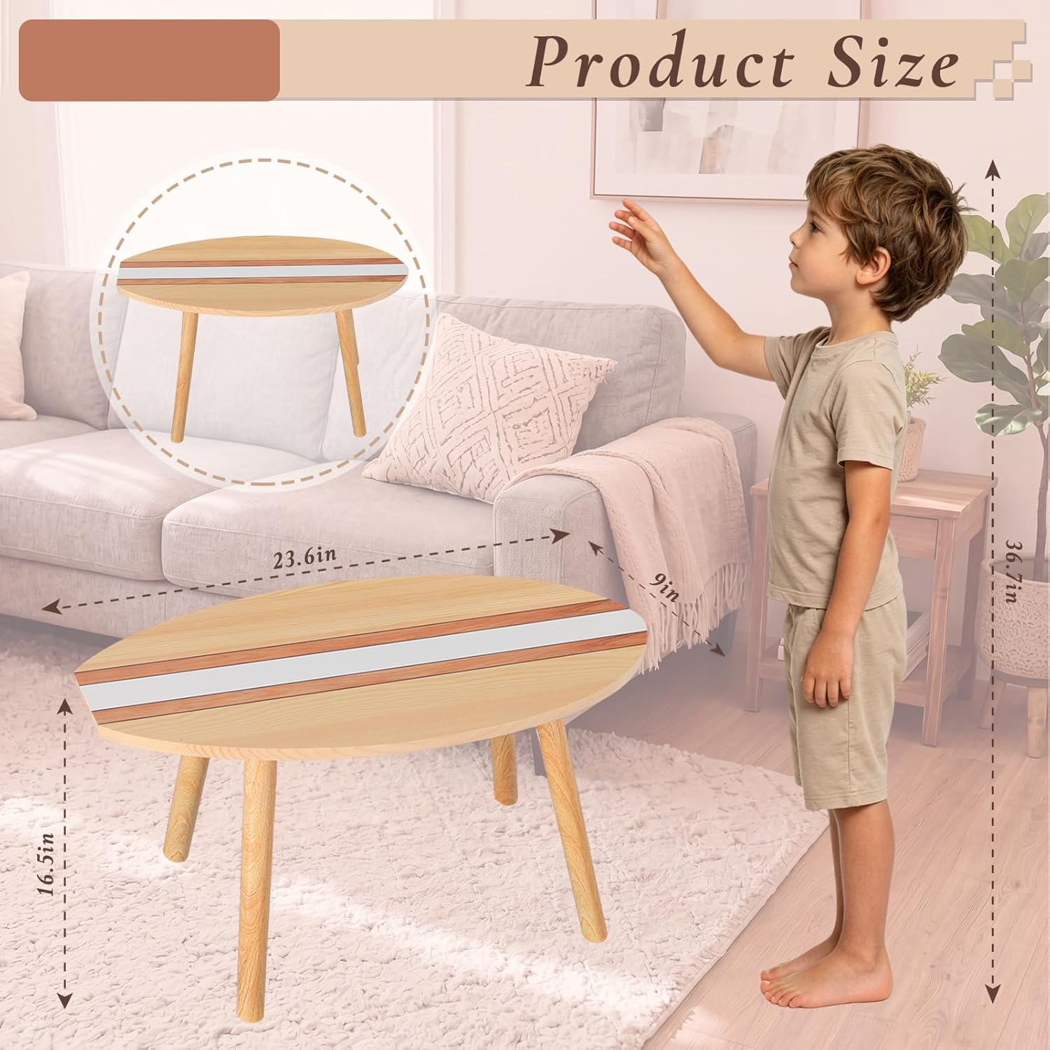 Novabright Coastal Decorative Surfboard Coffee Table, Solid Wood Small End Table 23.6 x 16.5 Inch, Stripe Overlaid Side for Living Room Bedroom Balcony Yard