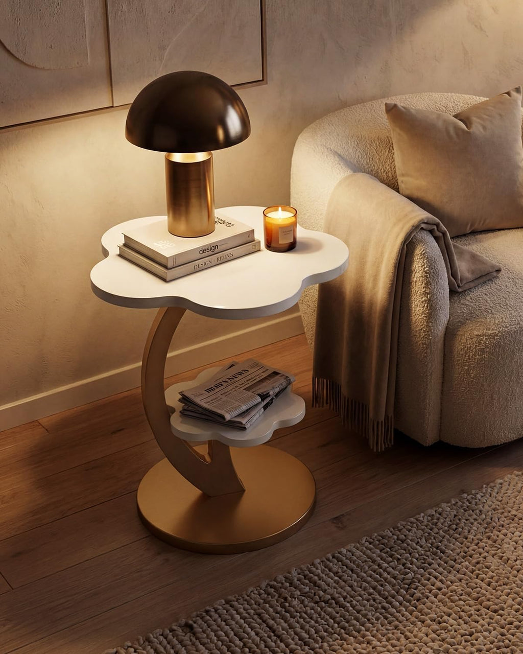 LITTLE TREE End Table, 2-Tier Sofa Side Table, Flower Nightstand with C-Shaped Gold Frame, Modern Luxury Accent Table for Living Room, Bedroom, Small Spaces, Easy Assembly, Glossy Gold + White, 2 PCS