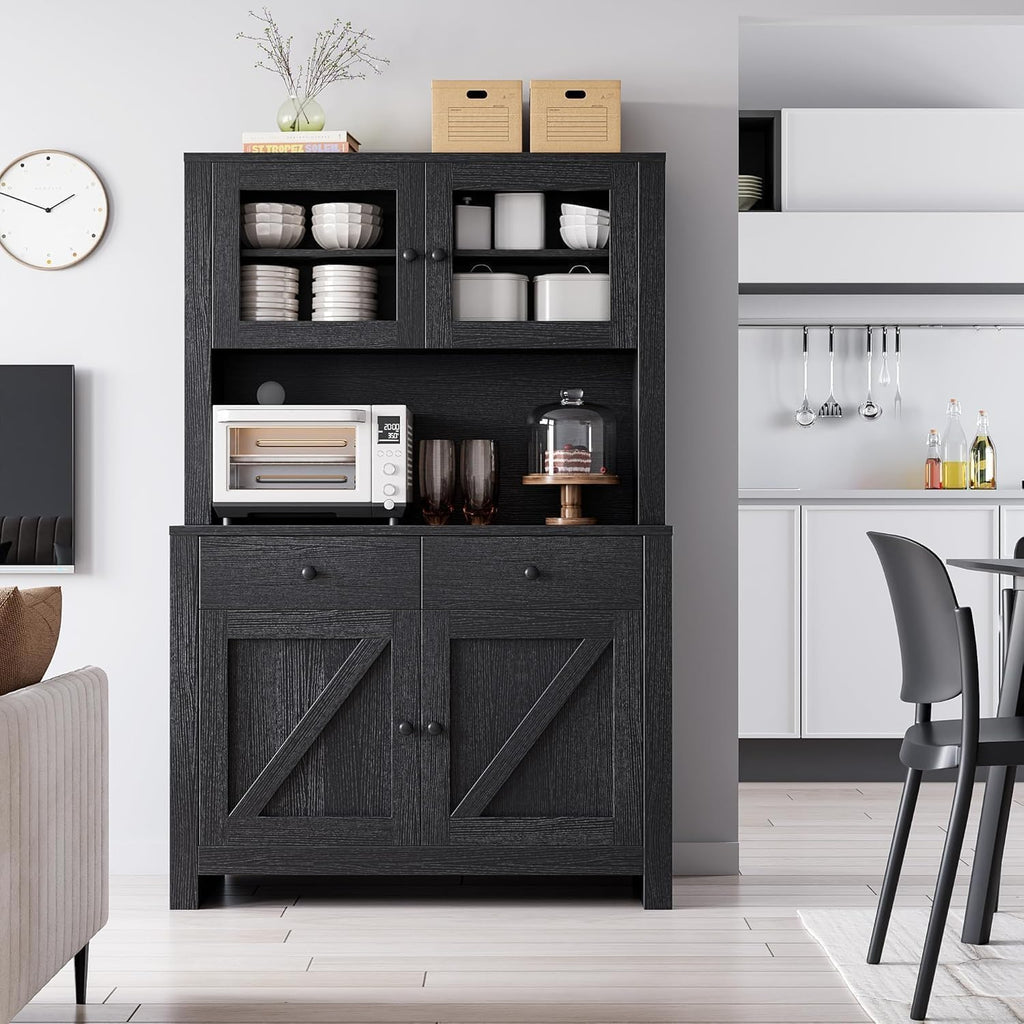 Garvee Farmhouse Kitchen Pantry Cabinet with Microwave Stand, Rustic Buffer Sideboard with Sliding Barn Door, Freestanding Storage Cupboard with Adjustable Shelves for Dining Room