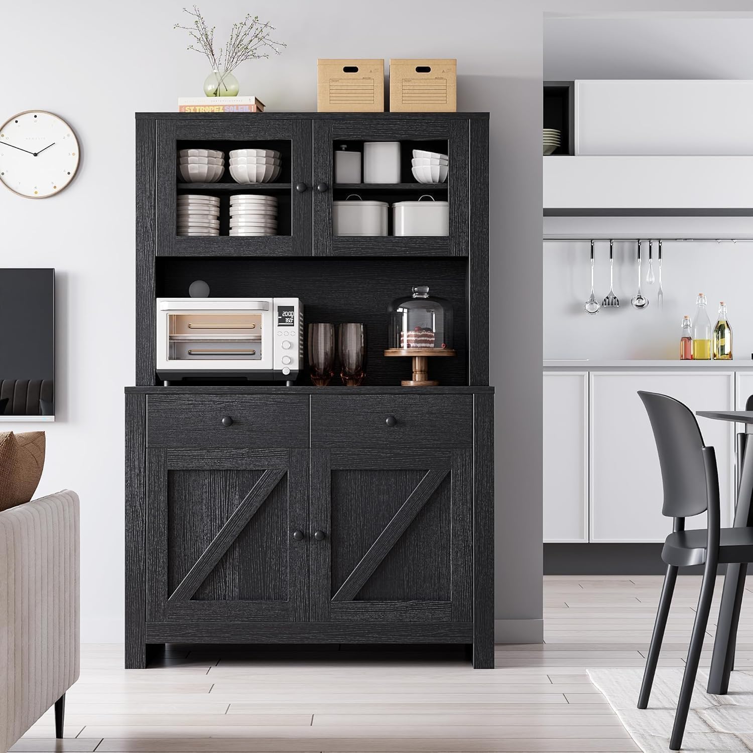 Garvee Farmhouse Kitchen Pantry Cabinet with Microwave Stand, Rustic Buffer Sideboard with Sliding Barn Door, Freestanding Storage Cupboard with Adjustable Shelves for Dining Room