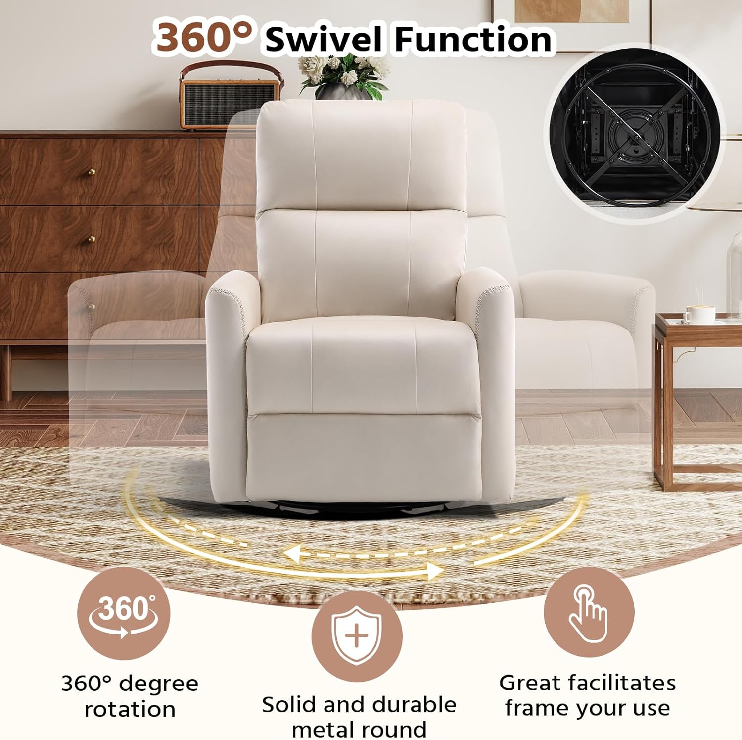 HAOMARKETS Swivel Rocker Recliner Chair Set of 2, Manual Faux Leather Glider Rocking Recliners for Adults, 360° Swivel Nursery Reclining Sofa with Padded Backrest for Living Room, White