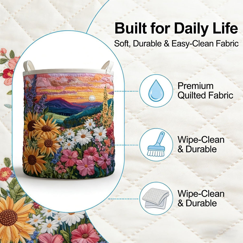 Quilted Laundry Basket with Handles, Collapsible Boho Floral Storage Bin, Large Soft Quilted Basket, Portable Organizer for Clothes, Toys, Blankets, Nursery, Bedroom, Laundry Room (Sunflower, L)