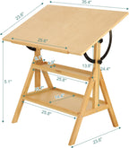 VISWIN Wood Drafting Table for Adults, Drawing Table with Adjustable Angle & 2-Tier Storage Racks for Art Studio, Solid Pine Wood Artist Desk for Drawing, Drafting, Writing, Reading, Sketching