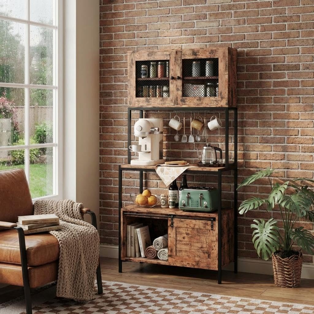 6-Tier Kitchen Baker's Rack with Power Outlet and Storage Cabinet, Microwave Stand Coffee Bar Station, Large Freestanding Utility Organizer Rack, Vintage Brown