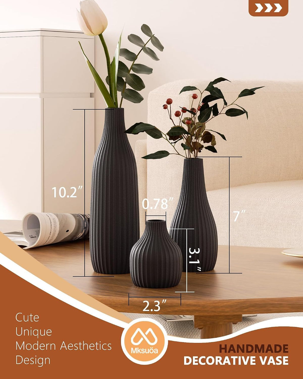 Decorative Flower Vase Set of 3 - Modern Boho Style Black Vases, Ribbed Textures Ceramic Vase for Home Decor Shelf Bookshelf Mantle TV Stand Entryway Console, Dining Table Centerpiece Decor