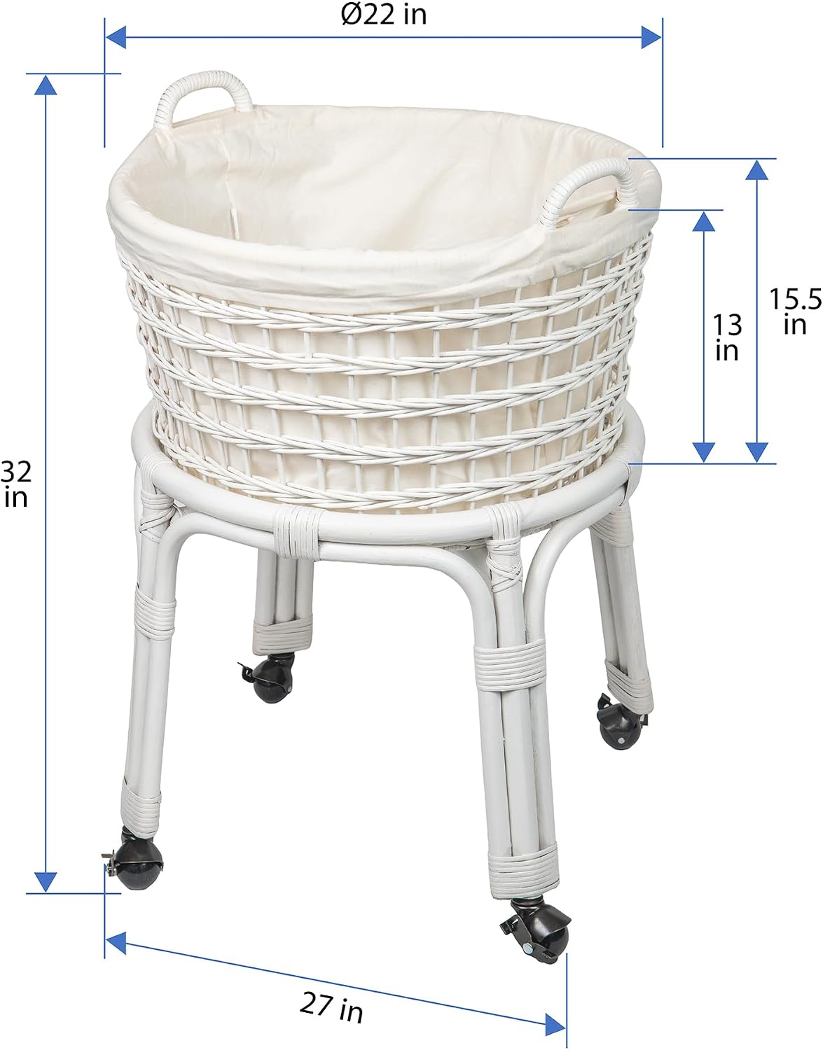 KOUBOO Rolling Wicker Laundry Basket, Handwoven Wicker Hamper with Removable Cotton Liner, Stand, & Locking Caster Wheels (White)