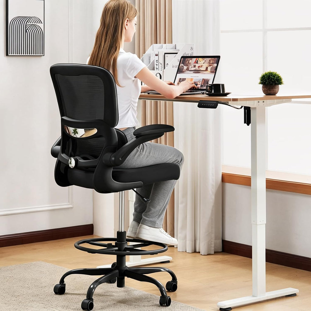 TRALT Drafting Chair - Tall Office Chair for Standing Desk - High Office Chair with Adjustable Footrest Ring Lumbar Support - Tall Office Chairs for Home Office with Flip-Up Armrests (Black)