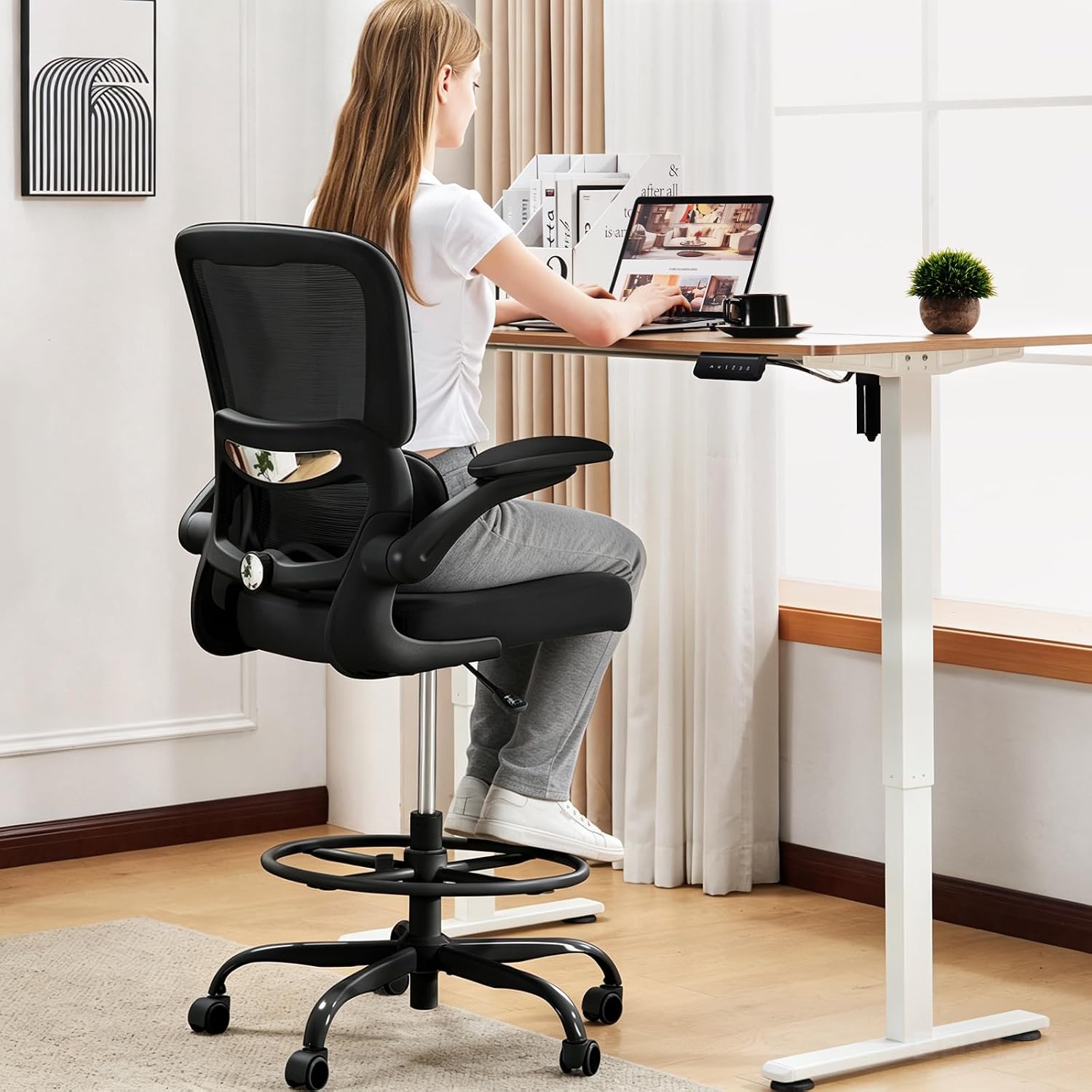 TRALT Drafting Chair - Tall Office Chair for Standing Desk - High Office Chair with Adjustable Footrest Ring Lumbar Support - Tall Office Chairs for Home Office with Flip-Up Armrests (Black)
