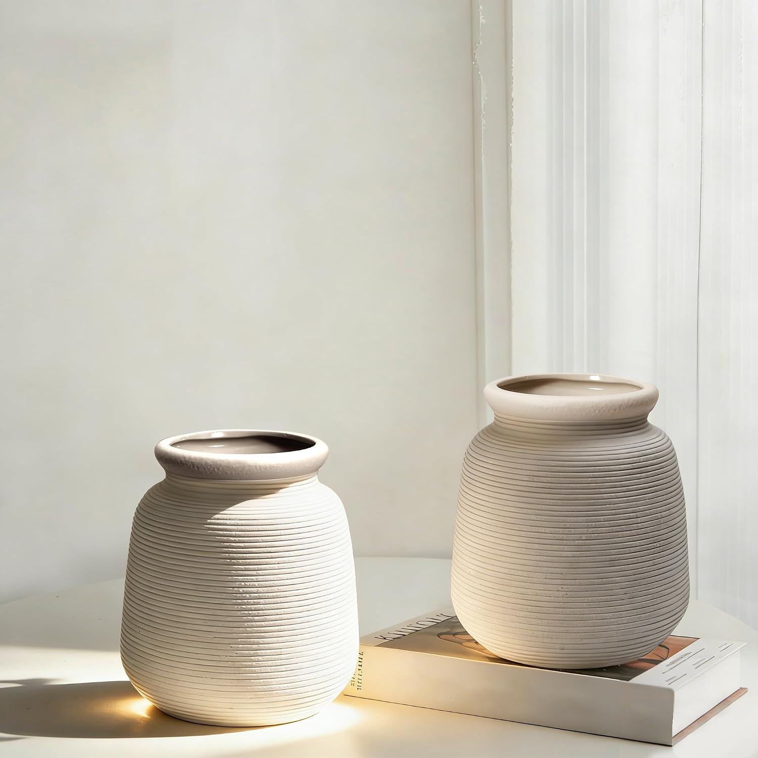 Ceramic Vase Set of 2, 7.1" Handcrafted Rustic Flower Vases for Modern Home Decor, Boho Farmhouse Decorative Vases for Living Room, Table, Shelf, Ideal Gift for Mother's Day, Birthday, Housewarming