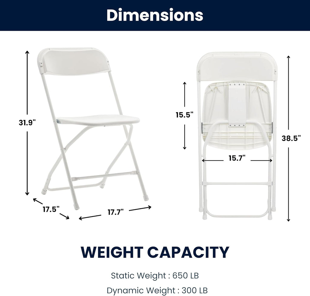 BTEXPERT Set of 5 Pack, White Plastic Folding Chair Steel Frame Commercial High Capacity Event Chair Lightweight Set for Office Wedding Party Picnic Kitchen Dining Church School