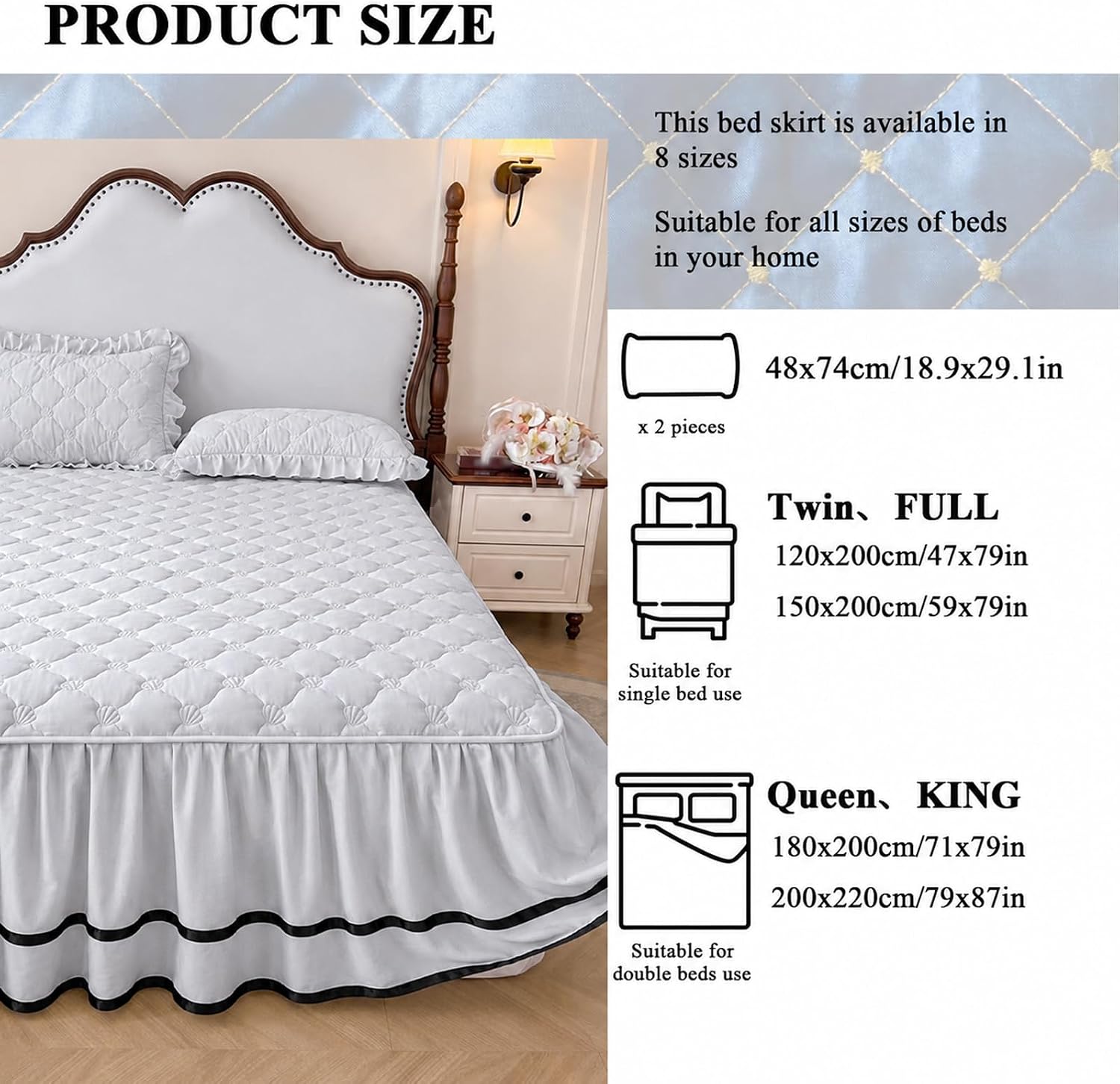 Bed Skirt Wrap Around Elastic with Ruffled Modern Comfort Breathable Bedskirt with 2 Pillowcases for Bedroom Decor Machine Washable