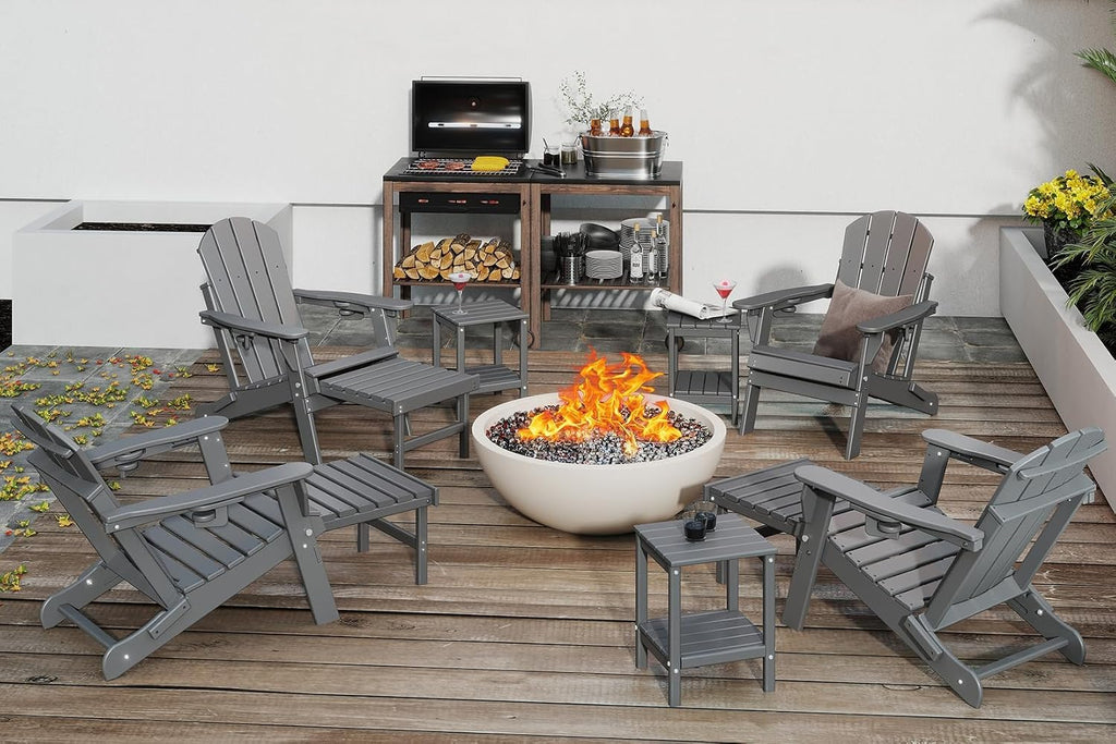 GREENVINES Adjustable Adirondack Chair with Retractable Ottoman Set of 2 | Folding | HDPE Plastic | Fire Pit Chairs w/Foot Rest | 2 Cup Holders | Grey | for Outdoor Patio Poolside Deck